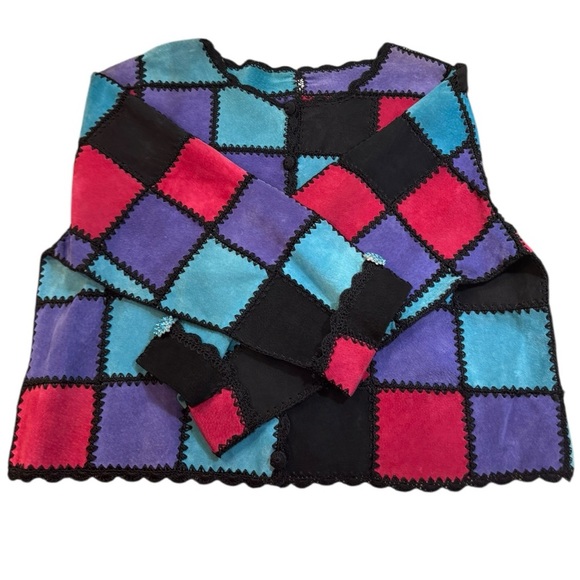 Vintage Suede Patchwork Boho Jacket M/L Jewel Sleeve Crochet Trim Fuchsia Teal - Picture 5 of 7